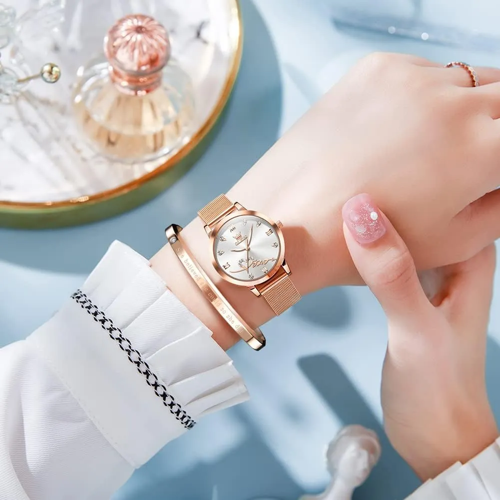 Waterproof Luminous Ladies Watches Bracelet Sets OLEVS Rose Gold Watch for Women Mesh Strap Fashion Dress Hearts belter intrigue ancestry nearness Japanese Quartz 