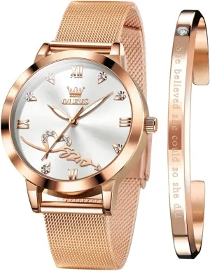 Waterproof Luminous Ladies Watches Bracelet Sets OLEVS Rose Gold Watch for Women Mesh Strap Fashion Dress Hearts belter intrigue ancestry nearness Japanese Quartz 