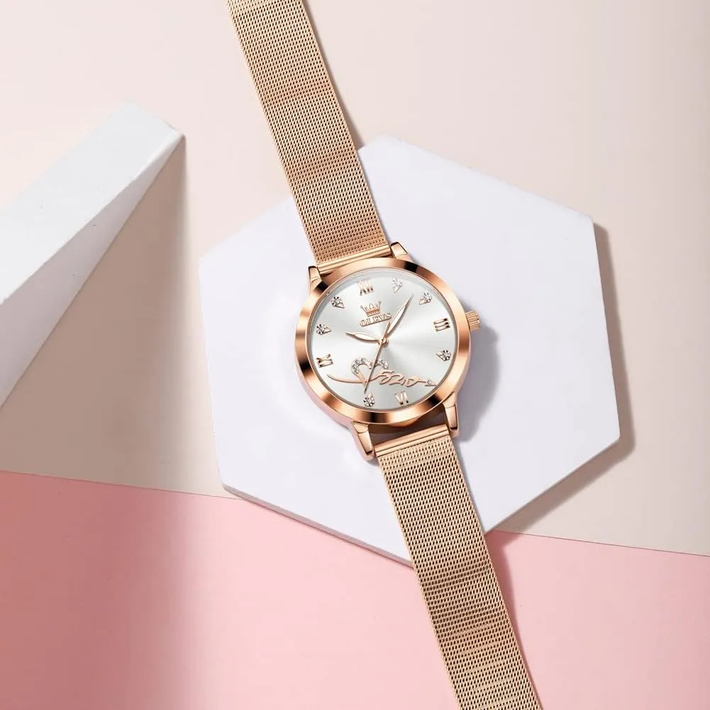 Waterproof Luminous Ladies Watches Bracelet Sets OLEVS Rose Gold Watch for Women Mesh Strap Fashion Dress Hearts belter intrigue ancestry nearness Japanese Quartz 