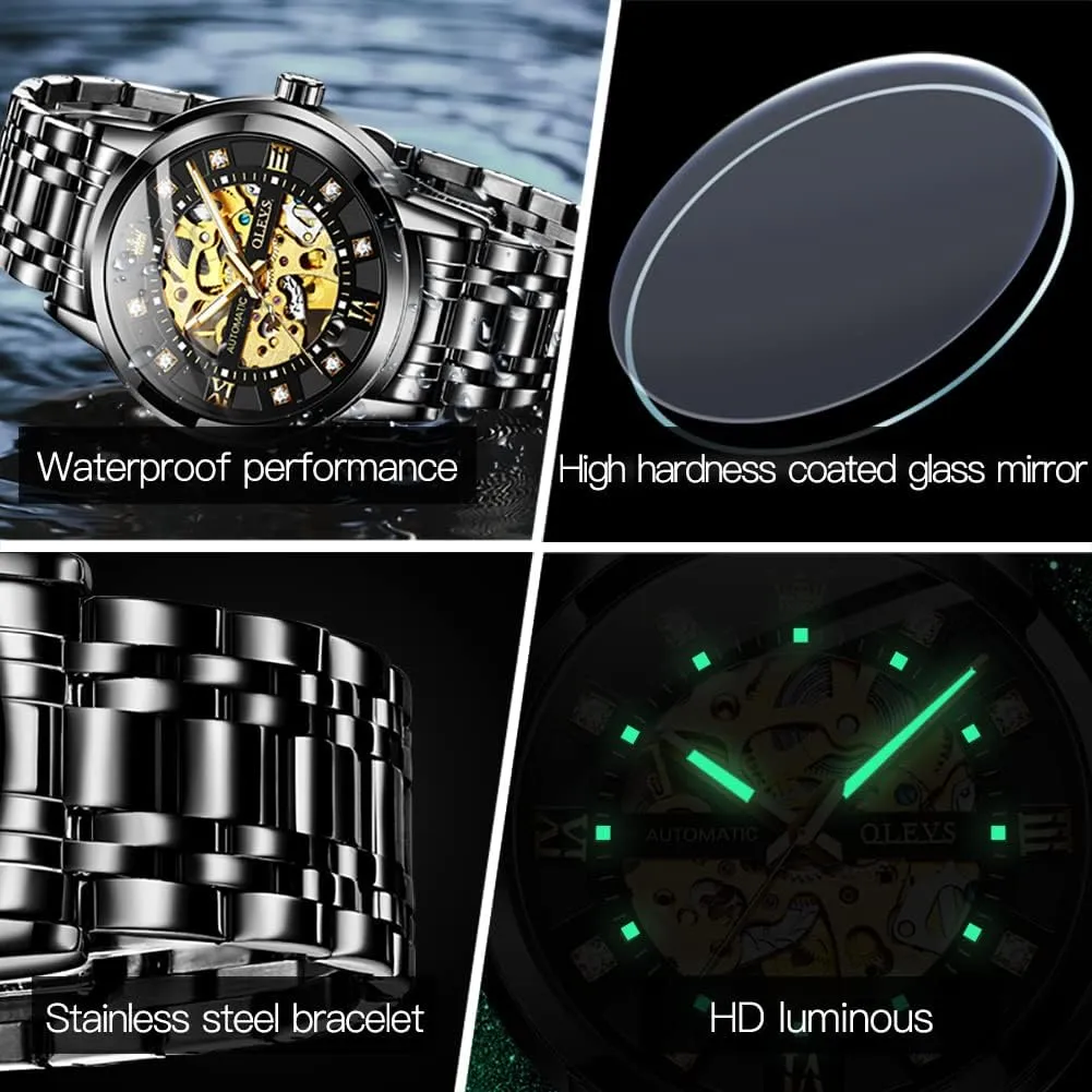 Waterproof Luminous OLEVS Mens Automatic indigenous laborer stand convince billfish Watch Skeleton Diamond Luxury Mechanical Self Winding Dress Wrist Watch 