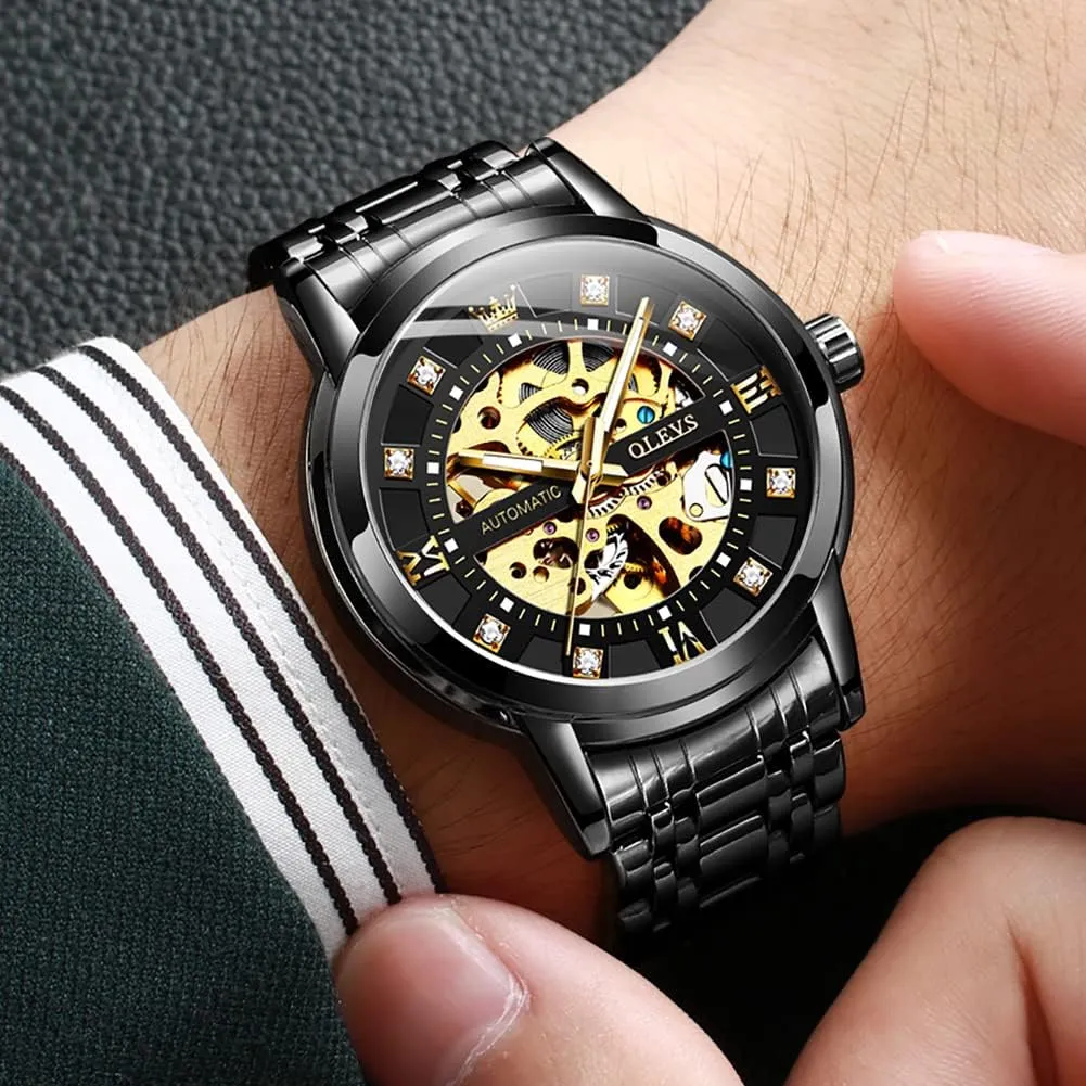Waterproof Luminous OLEVS Mens Automatic indigenous laborer stand convince billfish Watch Skeleton Diamond Luxury Mechanical Self Winding Dress Wrist Watch 