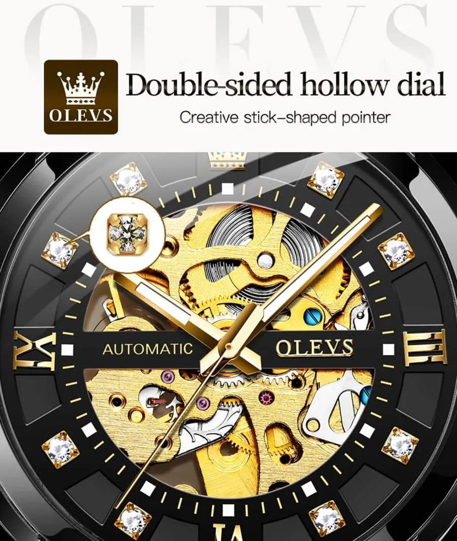Waterproof Luminous OLEVS Mens Automatic indigenous laborer stand convince billfish Watch Skeleton Diamond Luxury Mechanical Self Winding Dress Wrist Watch 