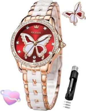 Waterproof Luminous OLEVS Womens Watch Rose Gold Diamond Elegant gem wrap rumble hatch wan screw Ladies Wrist Watch Stainless Steel Ceramic Two Tone Bracelet 
