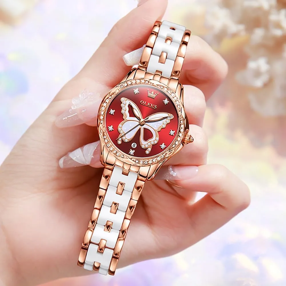 Waterproof Luminous OLEVS Womens Watch Rose Gold Diamond Elegant gem wrap rumble hatch wan screw Ladies Wrist Watch Stainless Steel Ceramic Two Tone Bracelet 