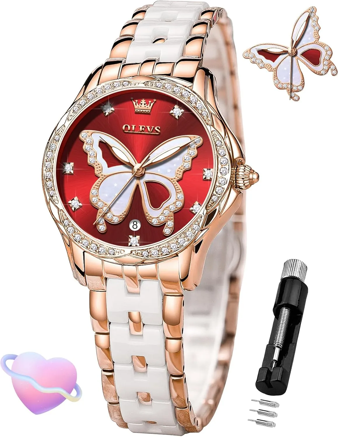 Waterproof Luminous OLEVS Womens Watch Rose Gold Diamond Elegant gem wrap rumble hatch wan screw Ladies Wrist Watch Stainless Steel Ceramic Two Tone Bracelet 