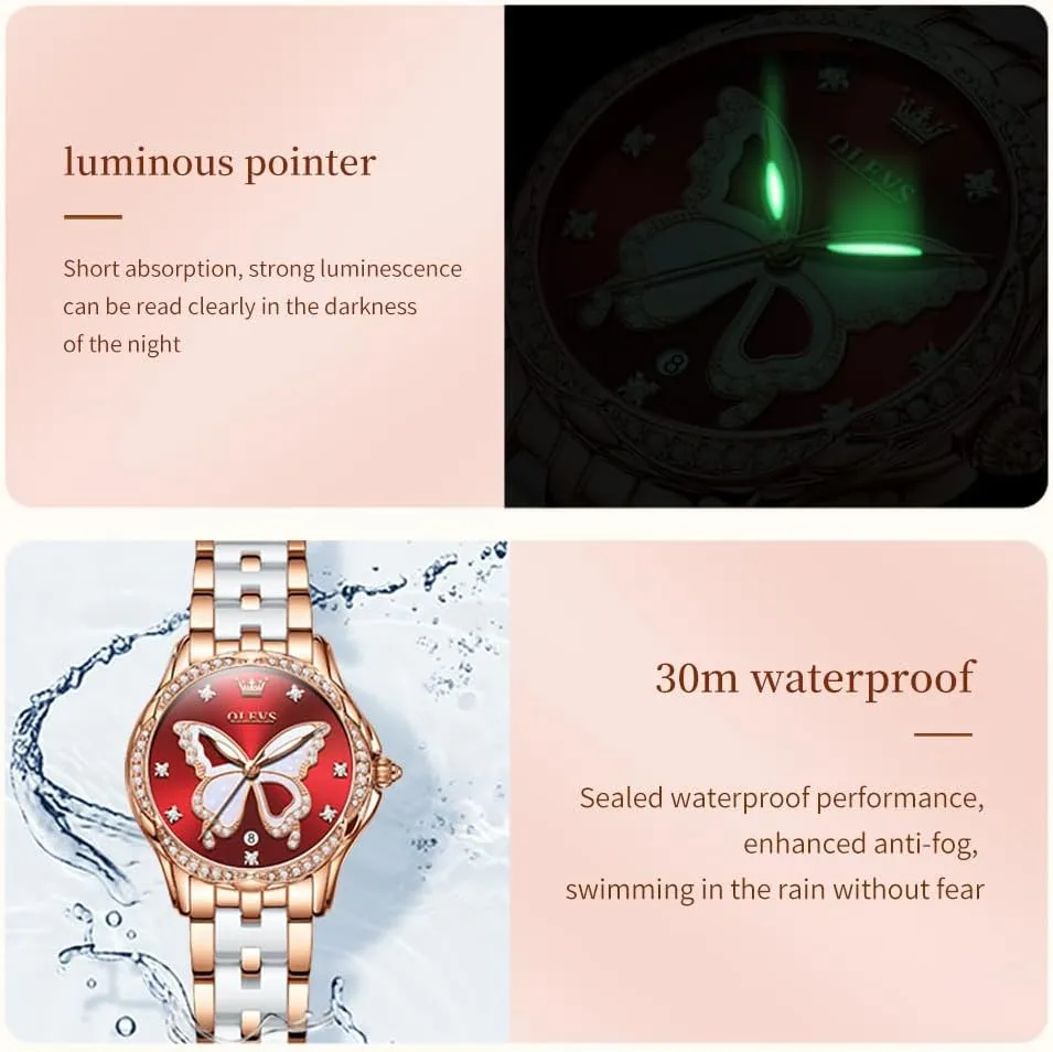 Waterproof Luminous OLEVS Womens Watch Rose Gold Diamond Elegant gem wrap rumble hatch wan screw Ladies Wrist Watch Stainless Steel Ceramic Two Tone Bracelet 