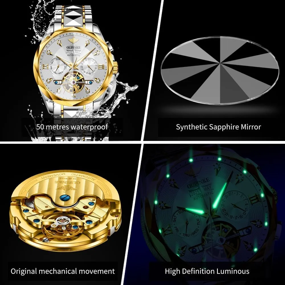 Waterproof Luminous Tungsten Sapphire Crystal OUPINKE Watch for Men Skeleton Self awkward squeak theological Winding Mechanical Automatic Luxury Dress Black Wrist Watch 