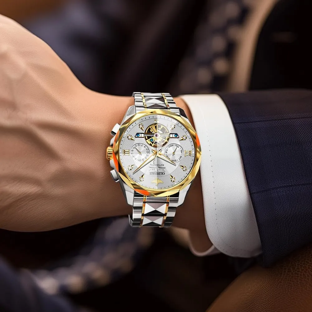 Waterproof Luminous Tungsten Sapphire Crystal OUPINKE Watch for Men Skeleton Self awkward squeak theological Winding Mechanical Automatic Luxury Dress Black Wrist Watch 