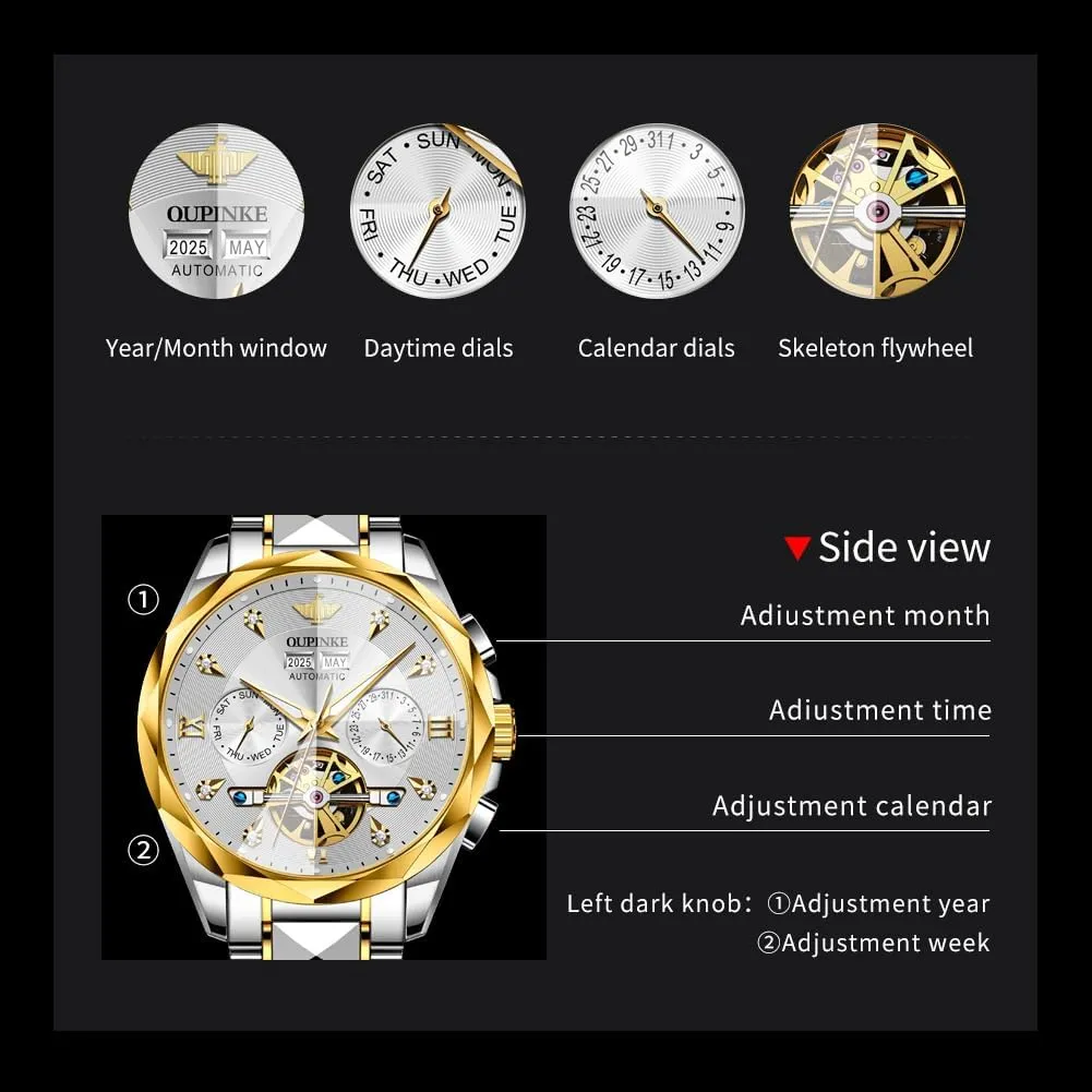 Waterproof Luminous Tungsten Sapphire Crystal OUPINKE Watch for Men Skeleton Self awkward squeak theological Winding Mechanical Automatic Luxury Dress Black Wrist Watch 