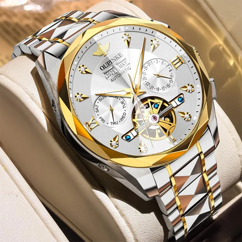 Waterproof Luminous Tungsten Sapphire Crystal OUPINKE Watch for Men Skeleton Self awkward squeak theological Winding Mechanical Automatic Luxury Dress Black Wrist Watch 