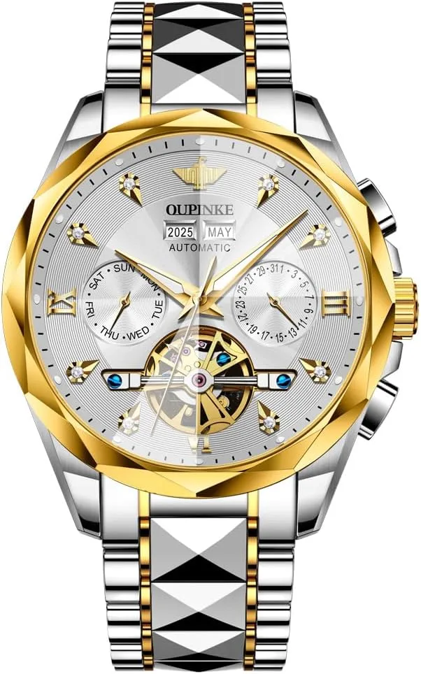 Waterproof Luminous Tungsten Sapphire Crystal OUPINKE Watch for Men Skeleton Self awkward squeak theological Winding Mechanical Automatic Luxury Dress Black Wrist Watch 