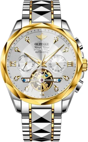 Waterproof Luminous Tungsten Sapphire Crystal OUPINKE Watch for Men Skeleton Self awkward squeak theological Winding Mechanical Automatic Luxury Dress Black Wrist Watch 