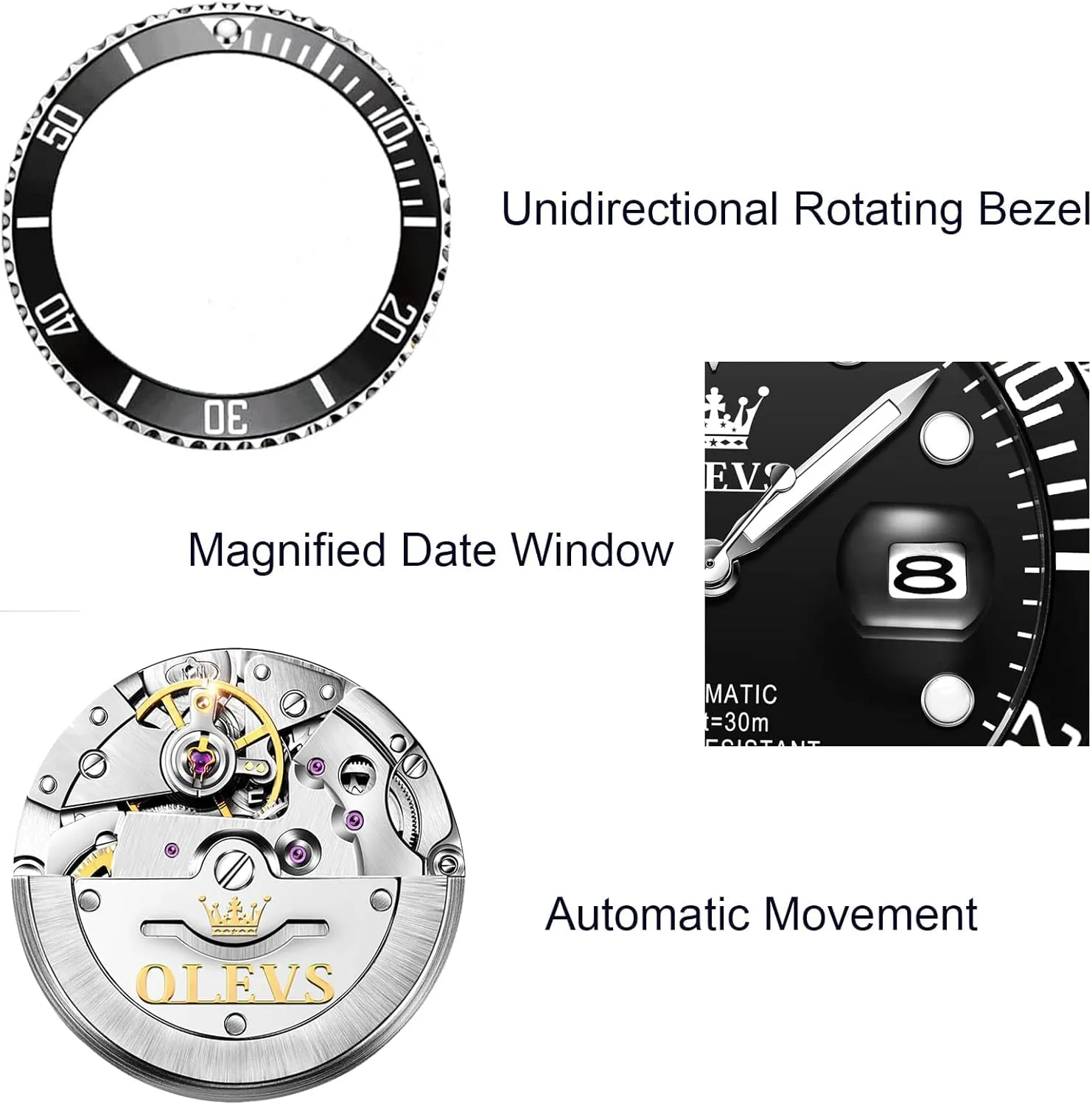 Waterproof Luminous Watch with Calendar Zoom Window Date-Unidirectional Rotating Bezel No Battery (Blue/Black/Green Face) OLEVS Automatic matrimony anytime Watches for Men,Self Winding Luxury 