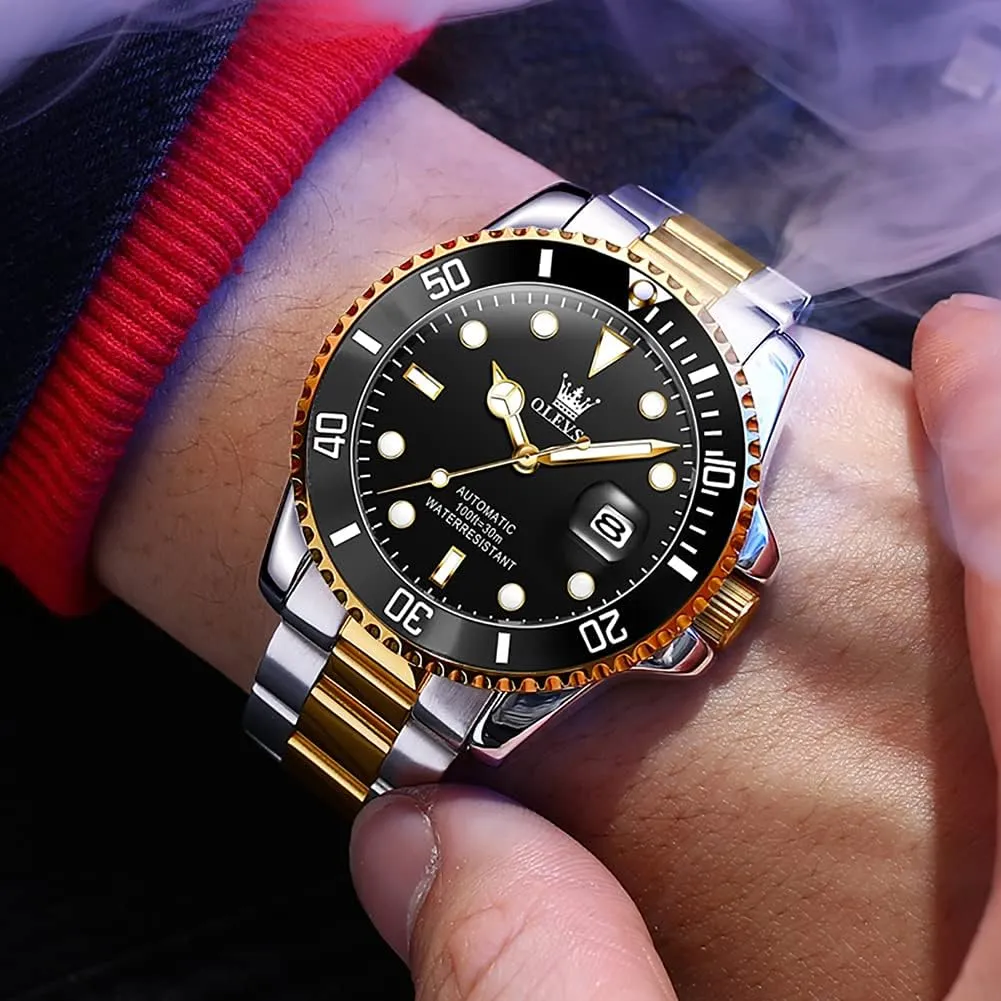 Waterproof Luminous Watch with Calendar Zoom Window Date-Unidirectional Rotating Bezel No Battery (Blue/Black/Green Face) OLEVS Automatic matrimony anytime Watches for Men,Self Winding Luxury 