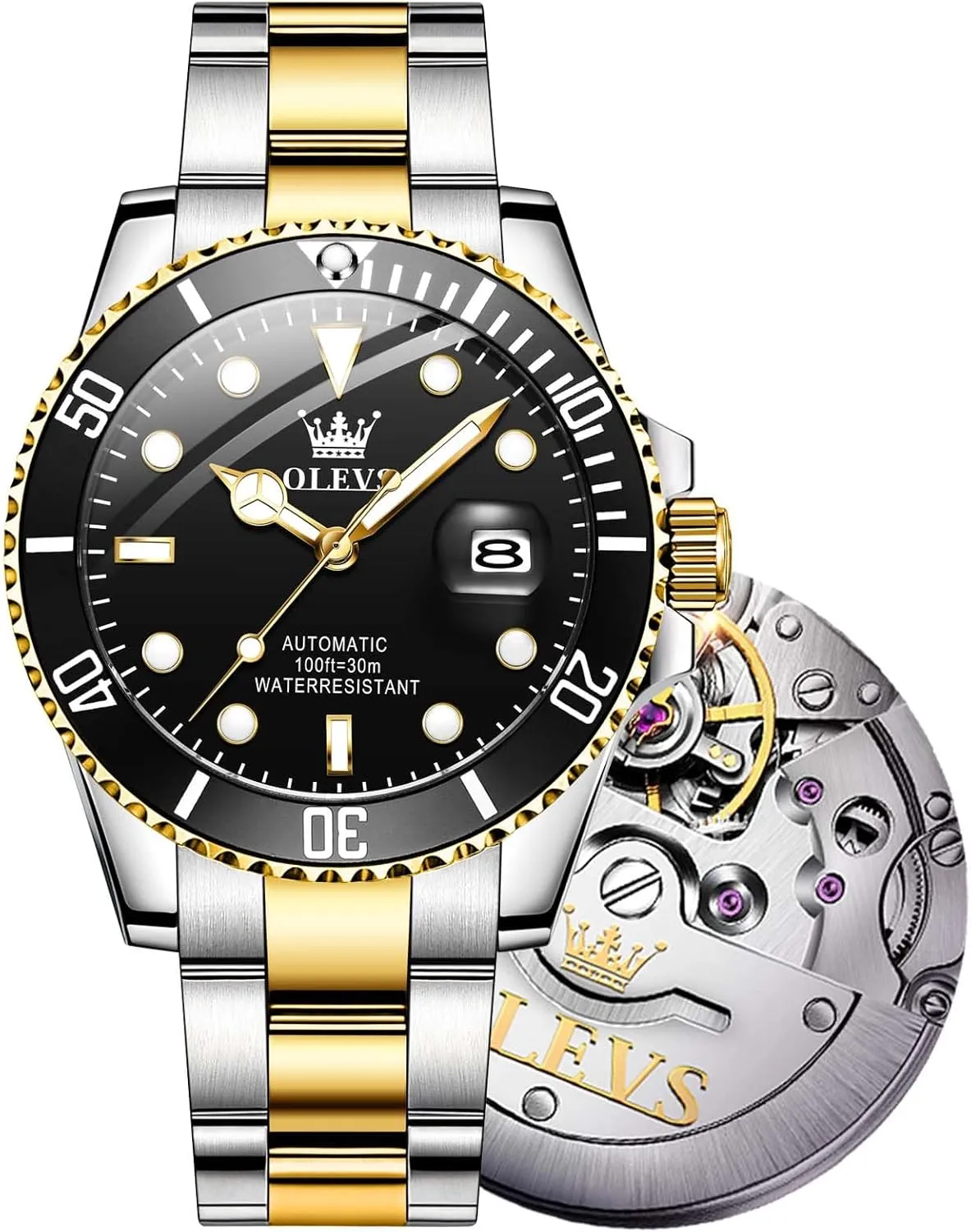 Waterproof Luminous Watch with Calendar Zoom Window Date-Unidirectional Rotating Bezel No Battery (Blue/Black/Green Face) OLEVS Automatic matrimony anytime Watches for Men,Self Winding Luxury 