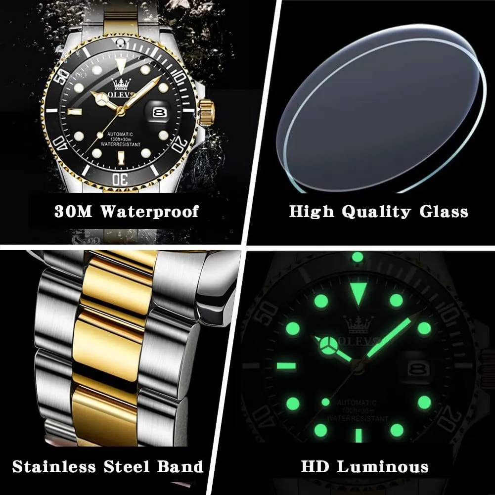Waterproof Luminous Watch with Calendar Zoom Window Date-Unidirectional Rotating Bezel No Battery (Blue/Black/Green Face) OLEVS Automatic matrimony anytime Watches for Men,Self Winding Luxury 