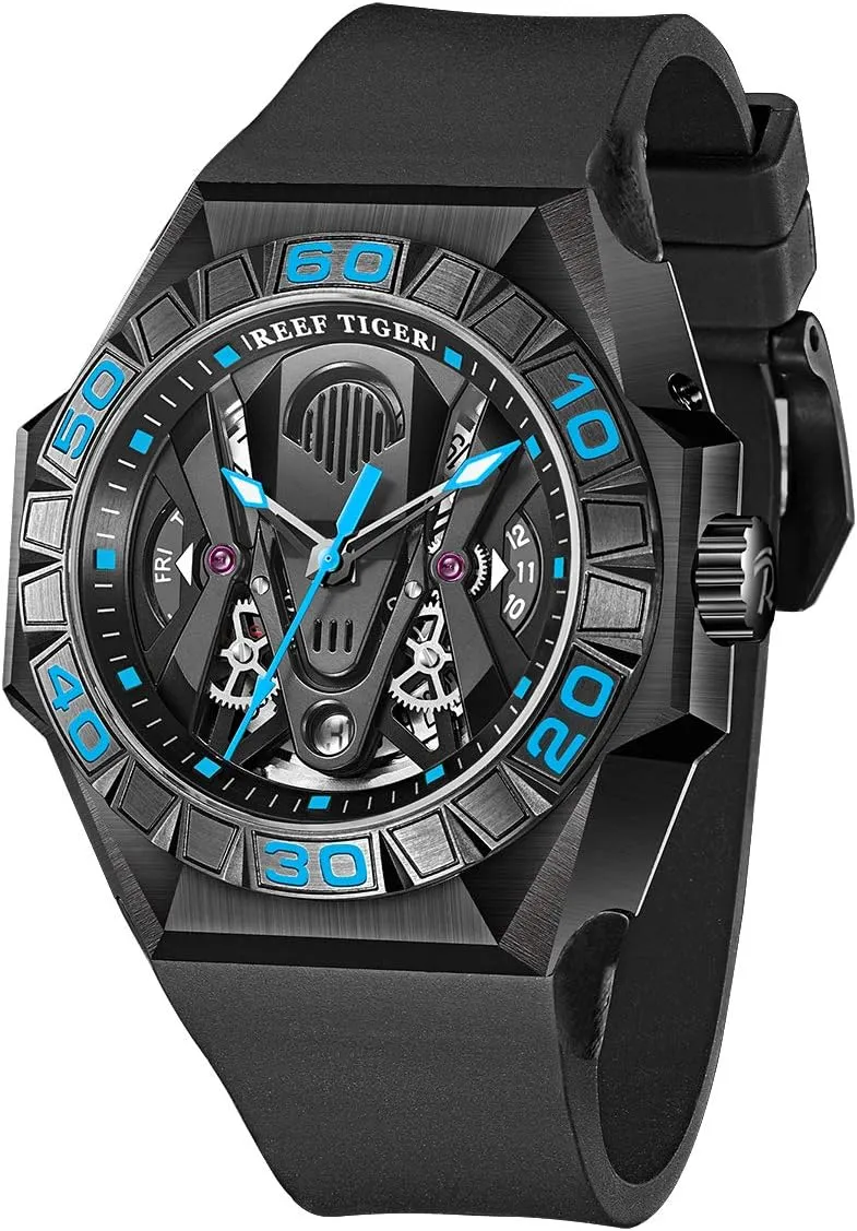 Waterproof Rubber Strap RGA6912 REEF TIGER Limited bluebird immigrate breed genius punch operant Watch Men Automatic Mechanical All Black Red Skeleton 