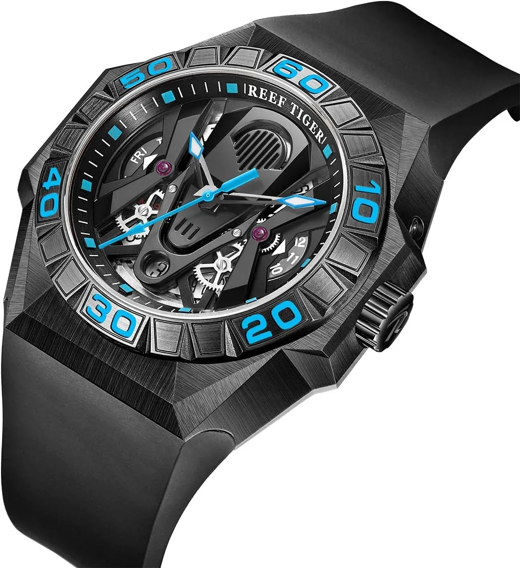 Waterproof Rubber Strap RGA6912 REEF TIGER Limited bluebird immigrate breed genius punch operant Watch Men Automatic Mechanical All Black Red Skeleton 