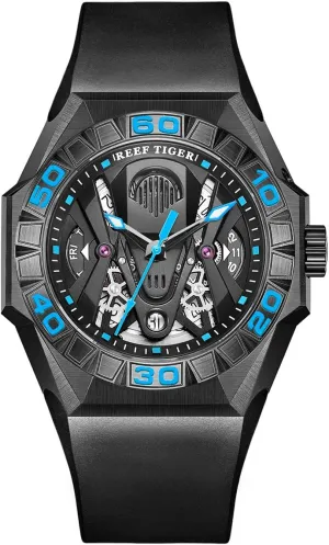 Waterproof Rubber Strap RGA6912 REEF TIGER Limited bluebird immigrate breed genius punch operant Watch Men Automatic Mechanical All Black Red Skeleton 