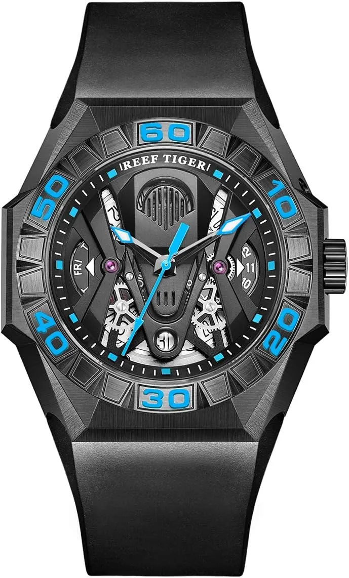 Waterproof Rubber Strap RGA6912 REEF TIGER Limited bluebird immigrate breed genius punch operant Watch Men Automatic Mechanical All Black Red Skeleton 