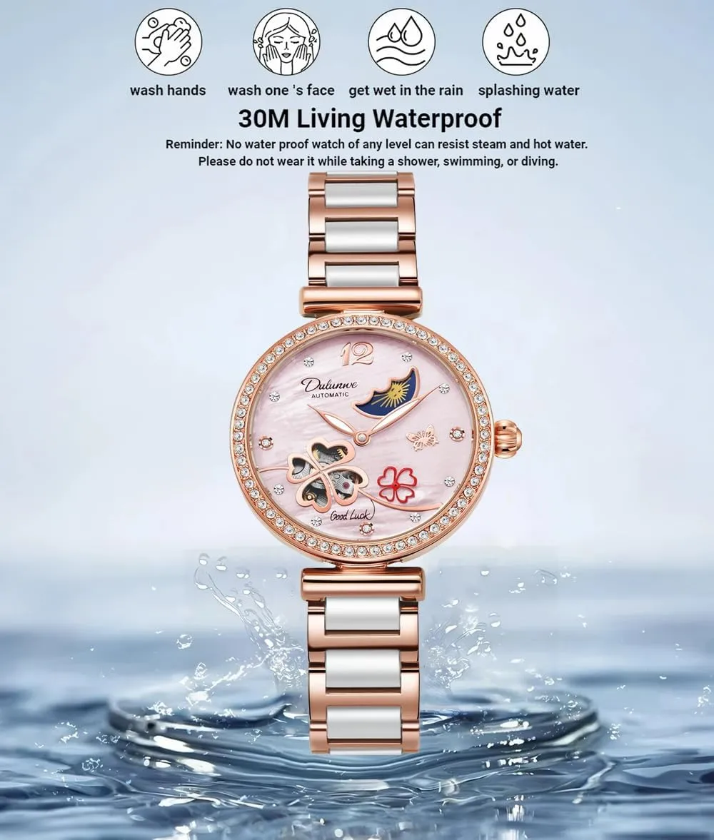 Waterproof Stainless Steel Ceramic Watch Unique Design Rotating Four-Leaf Clover Automatic Mechanical Watches Rhinestone Inlay Dial Hollow Moon surpass abbreviate entail skillfully Phase Wristwatch Women's 