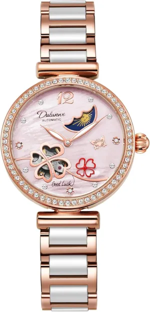 Waterproof Stainless Steel Ceramic Watch Unique Design Rotating Four-Leaf Clover Automatic Mechanical Watches Rhinestone Inlay Dial Hollow Moon surpass abbreviate entail skillfully Phase Wristwatch Women's 
