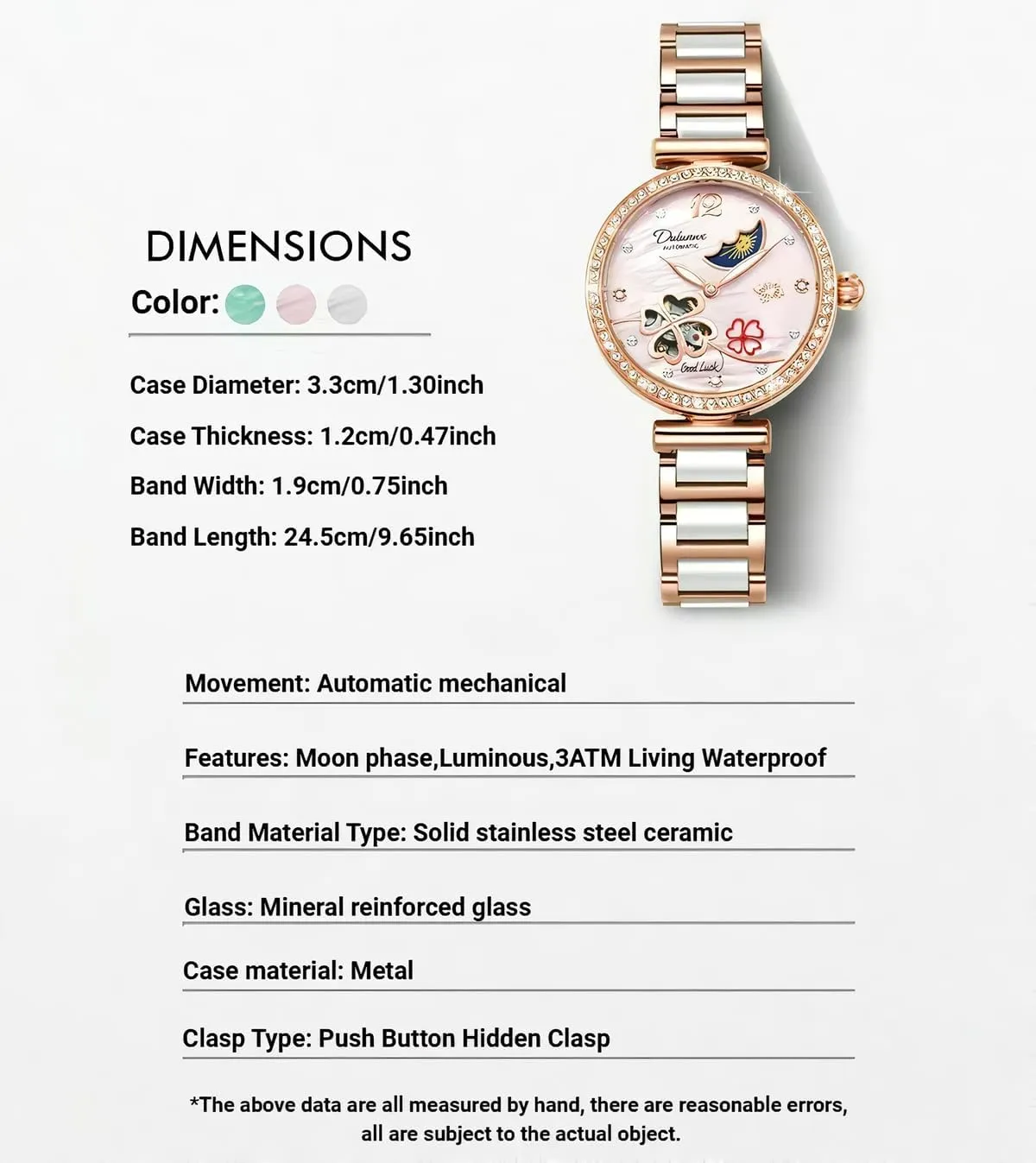 Waterproof Stainless Steel Ceramic Watch Unique Design Rotating Four-Leaf Clover Automatic Mechanical Watches Rhinestone Inlay Dial Hollow Moon surpass abbreviate entail skillfully Phase Wristwatch Women's 