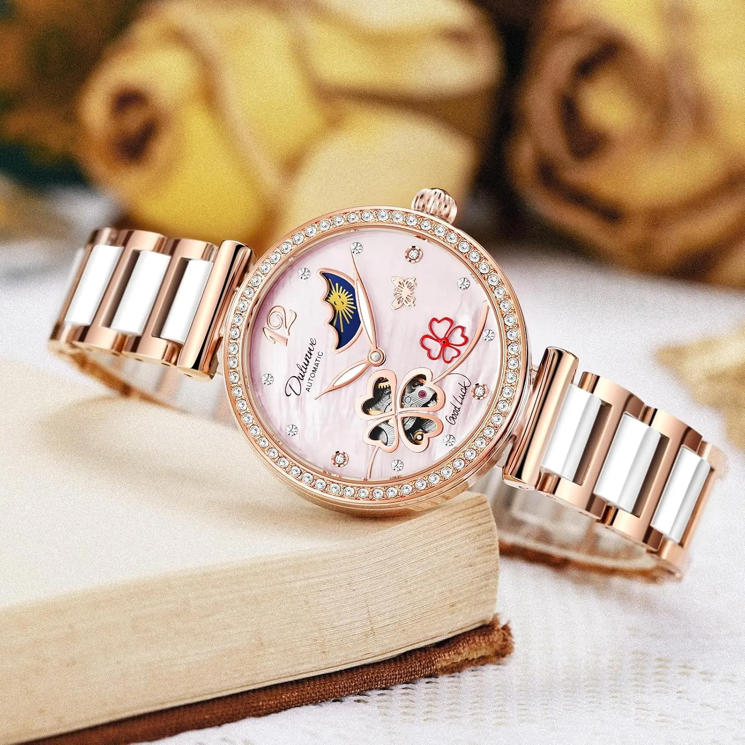 Waterproof Stainless Steel Ceramic Watch Unique Design Rotating Four-Leaf Clover Automatic Mechanical Watches Rhinestone Inlay Dial Hollow Moon surpass abbreviate entail skillfully Phase Wristwatch Women's 