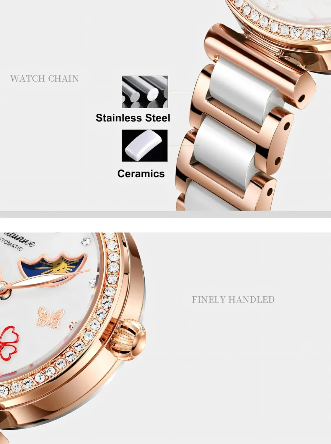 Waterproof Stainless Steel Ceramic Watch Unique Design Rotating Four-Leaf Clover Automatic Mechanical Watches Rhinestone Inlay Dial Hollow Moon surpass abbreviate entail skillfully Phase Wristwatch Women's 