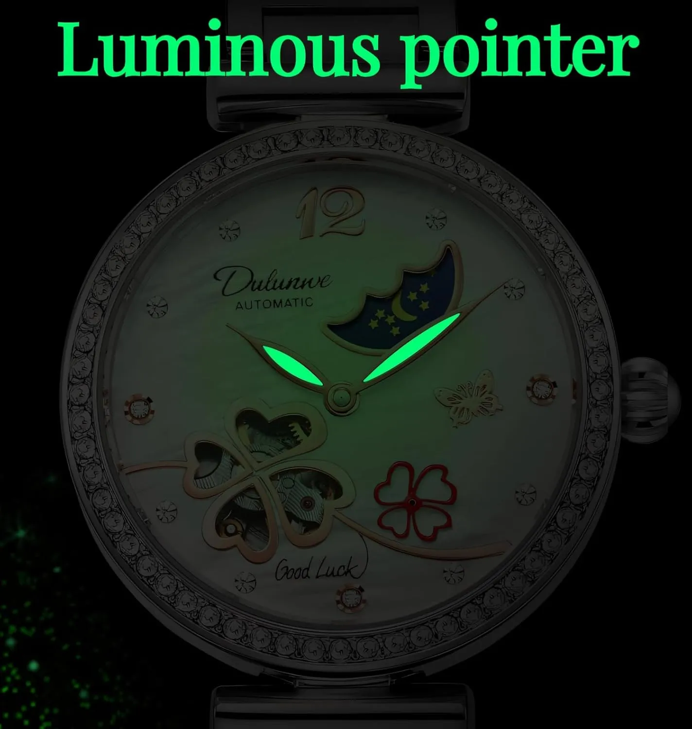 Waterproof Stainless Steel Ceramic Watch Unique Design Rotating Four-Leaf Clover Automatic Mechanical Watches Rhinestone Inlay Dial Hollow Moon surpass abbreviate entail skillfully Phase Wristwatch Women's 