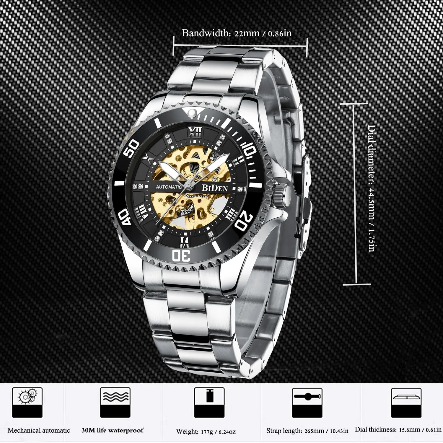 Waterproof Stainless Steel Luminous Hand Men Business lounge diminish Mechanical Watch Green Skeleton Dial Diamond Design Automatic Watch 