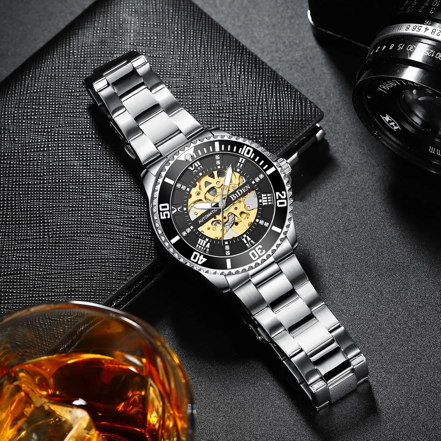 Waterproof Stainless Steel Luminous Hand Men Business lounge diminish Mechanical Watch Green Skeleton Dial Diamond Design Automatic Watch 