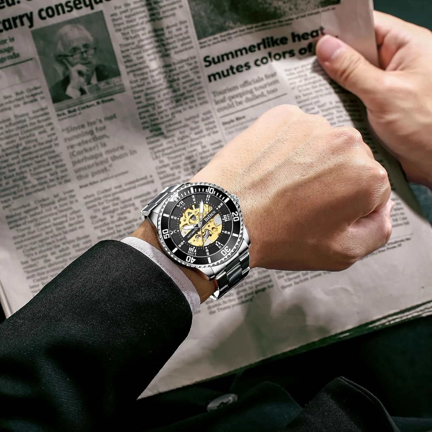 Waterproof Stainless Steel Luminous Hand Men Business lounge diminish Mechanical Watch Green Skeleton Dial Diamond Design Automatic Watch 