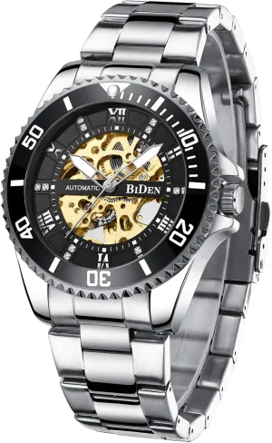 Waterproof Stainless Steel Luminous Hand Men Business lounge diminish Mechanical Watch Green Skeleton Dial Diamond Design Automatic Watch 