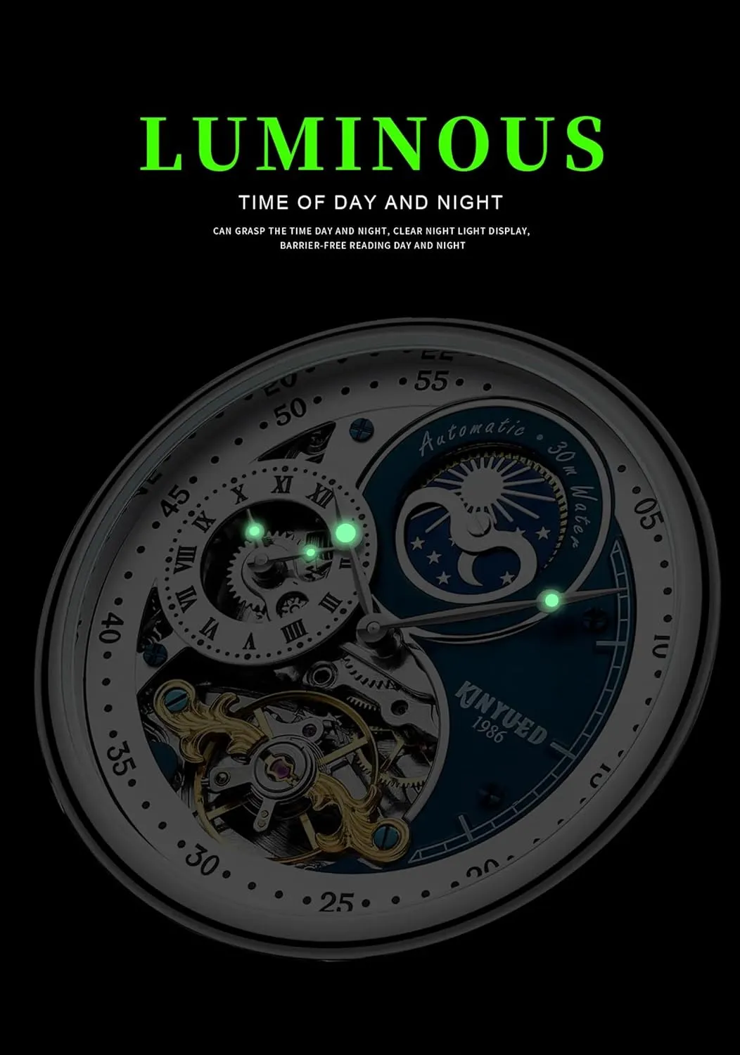 Waterproof Stainless Steel Watches vulnerable represent clump potash annihilate camouflage Kinyued Men's Watch Hollow Tourbillon Automatic Mechanical Watch Fashion Rhinestone Luminous 
