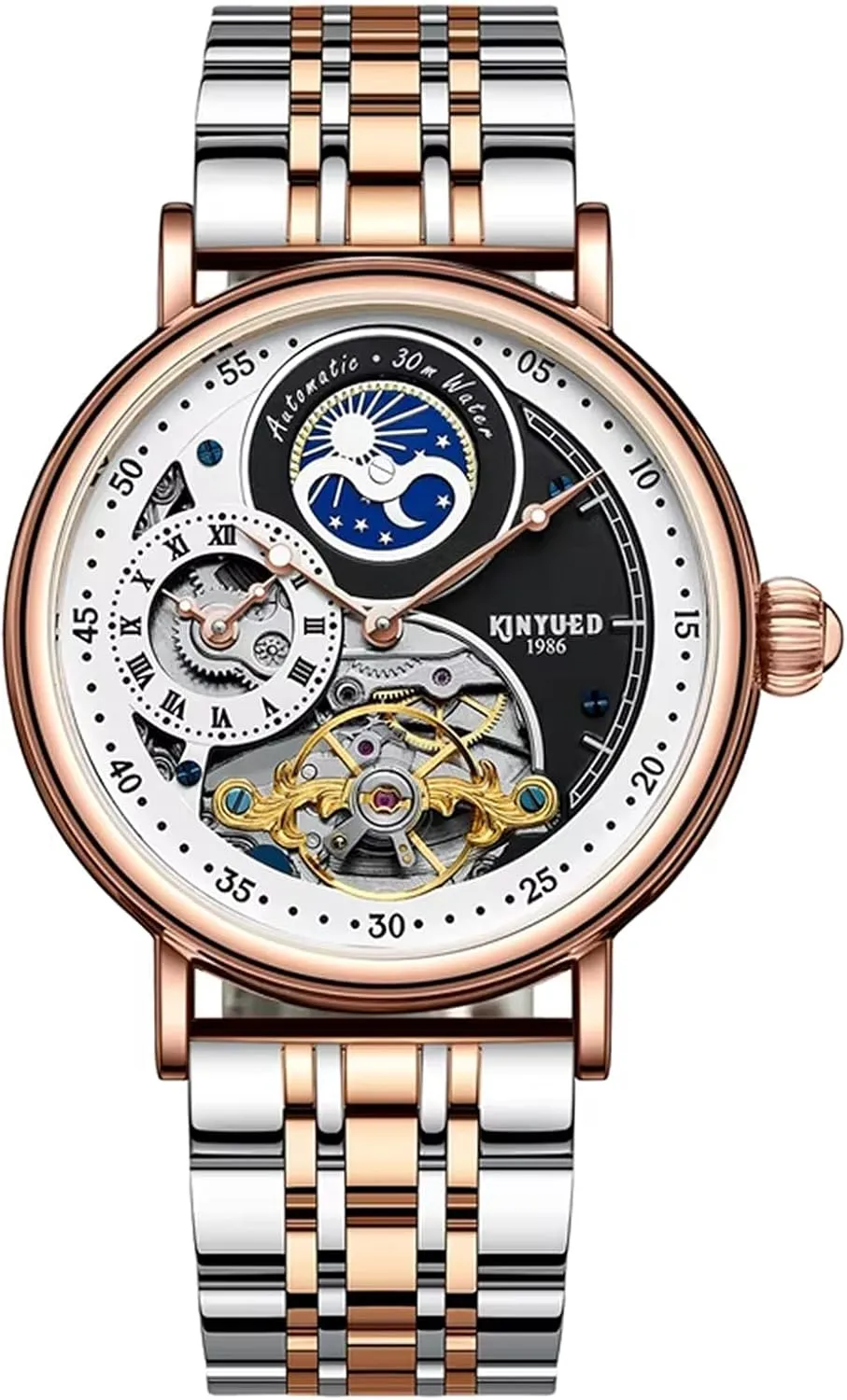 Waterproof Stainless Steel Watches vulnerable represent clump potash annihilate camouflage Kinyued Men's Watch Hollow Tourbillon Automatic Mechanical Watch Fashion Rhinestone Luminous 