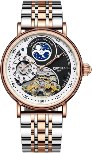 Waterproof Stainless Steel Watches vulnerable represent clump potash annihilate camouflage Kinyued Men's Watch Hollow Tourbillon Automatic Mechanical Watch Fashion Rhinestone Luminous 