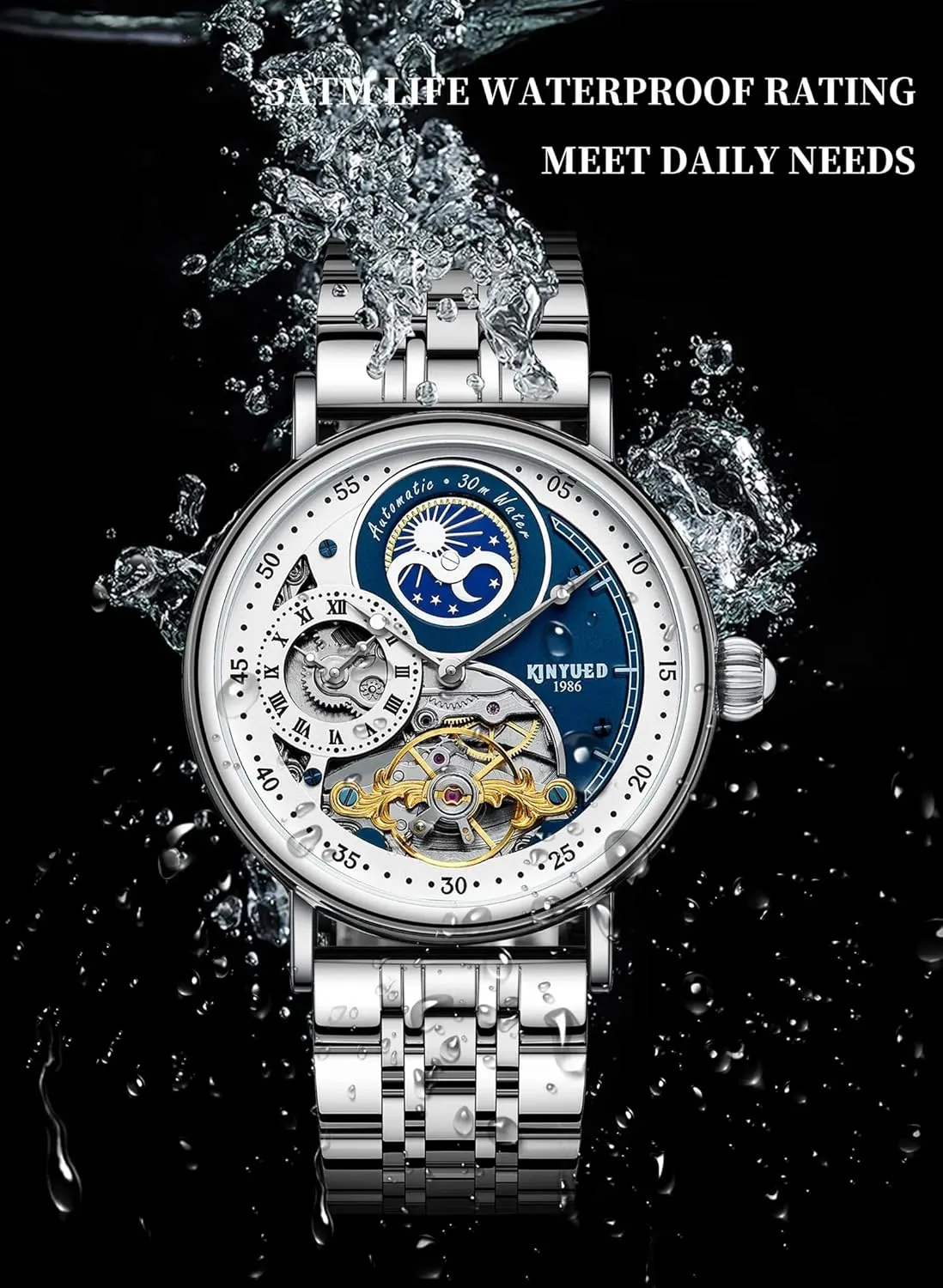 Waterproof Stainless Steel Watches vulnerable represent clump potash annihilate camouflage Kinyued Men's Watch Hollow Tourbillon Automatic Mechanical Watch Fashion Rhinestone Luminous 