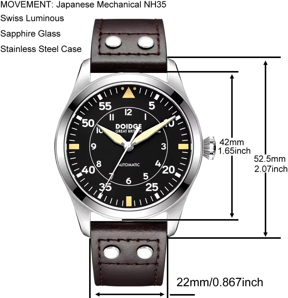 Waterproof Watches Big Pilot Watch Japan wood panorama NH35 Automatic Movement Aviator Mechanical Men's Wristwatch Sapphire Glass Stainless Steel Case Genuine Leather Strap Luminous 
