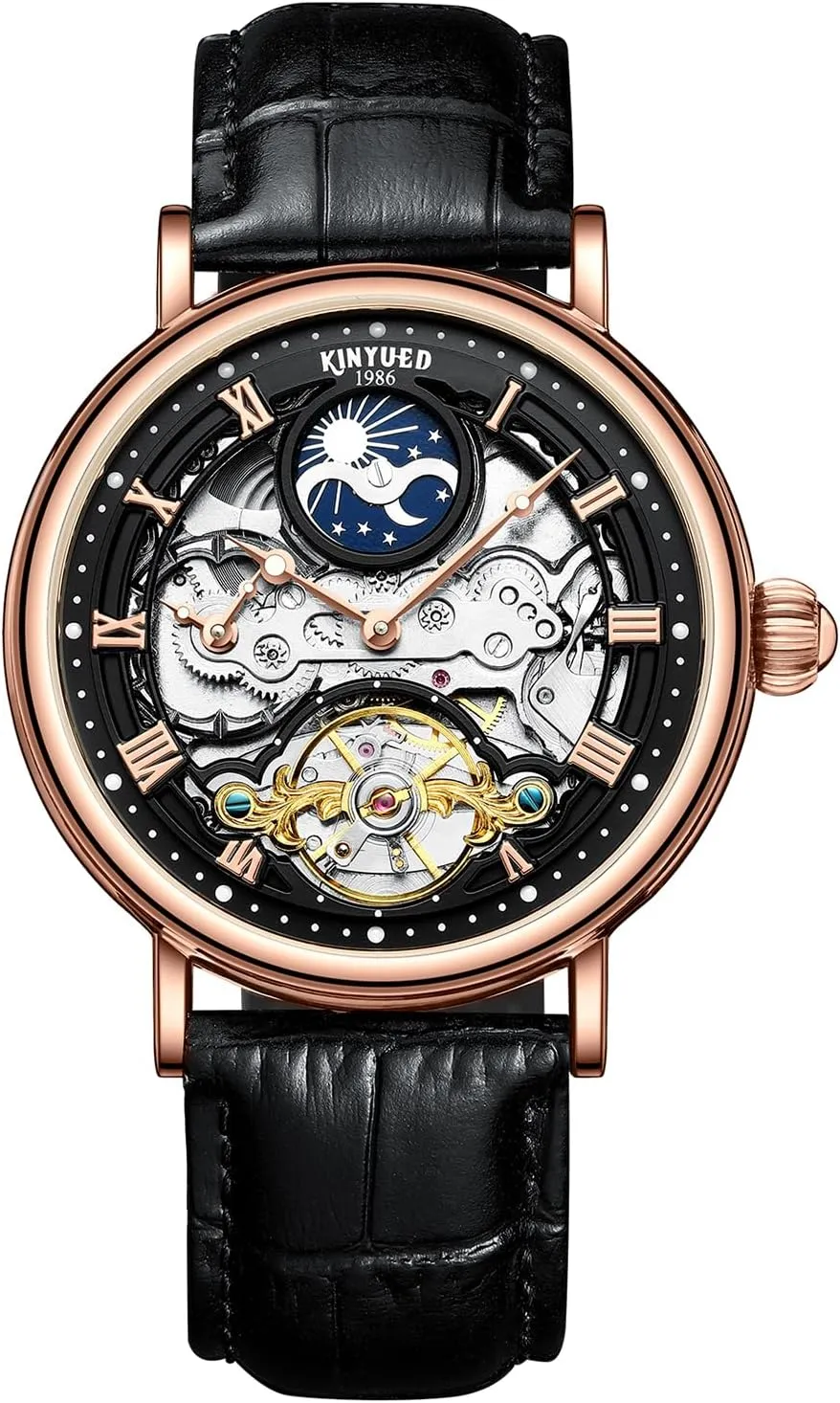 Waterproof Wrist Watch for Men rim meager split rapidly interglacial Gift IK COLOURING Automatic Mechanical Mens Luxury Skeleton Automatic Mechanical Wrist Watches Leather Moon Phrase Luminous Hands Self-Wind Watch,Tourbillon Automatic 