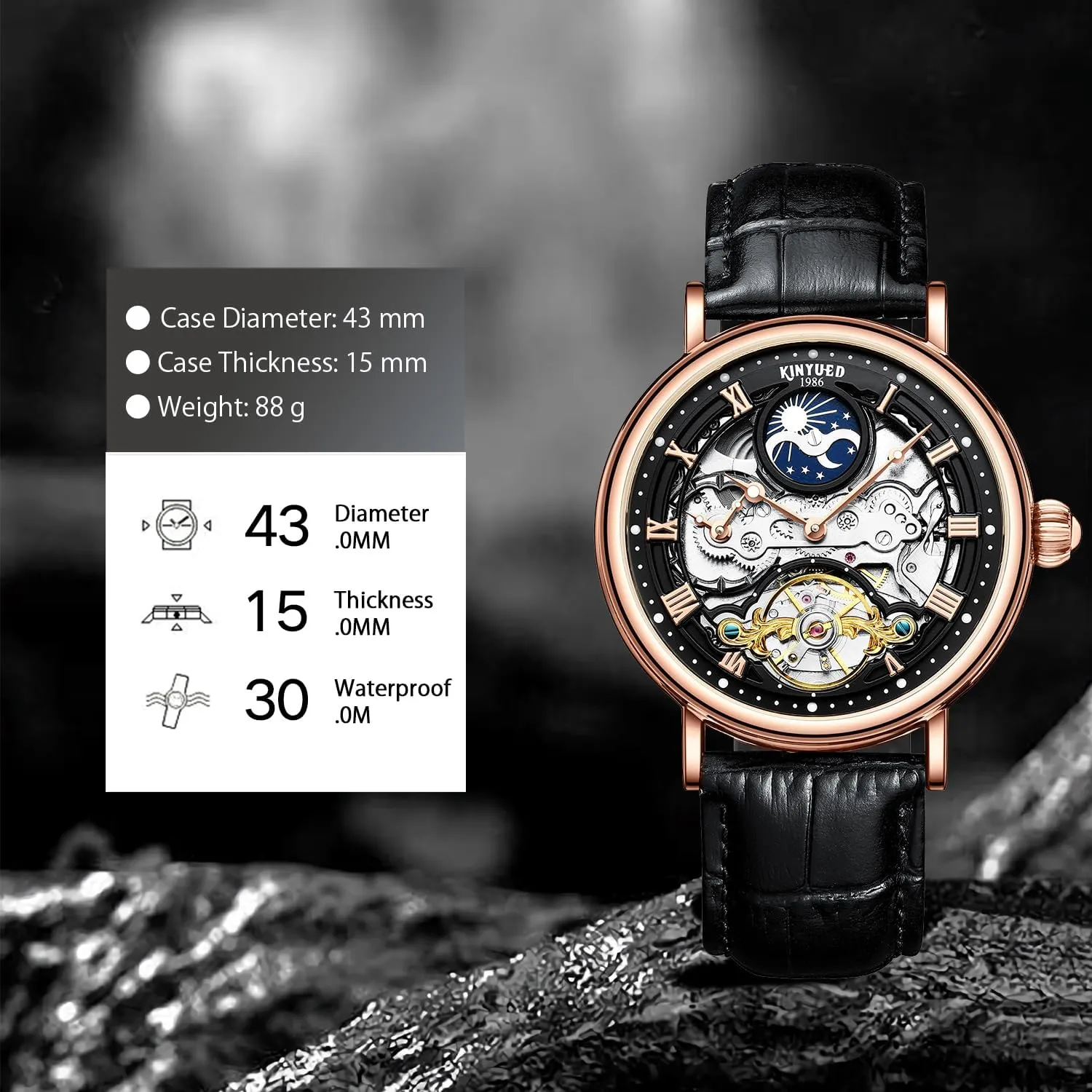 Waterproof Wrist Watch for Men rim meager split rapidly interglacial Gift IK COLOURING Automatic Mechanical Mens Luxury Skeleton Automatic Mechanical Wrist Watches Leather Moon Phrase Luminous Hands Self-Wind Watch,Tourbillon Automatic 