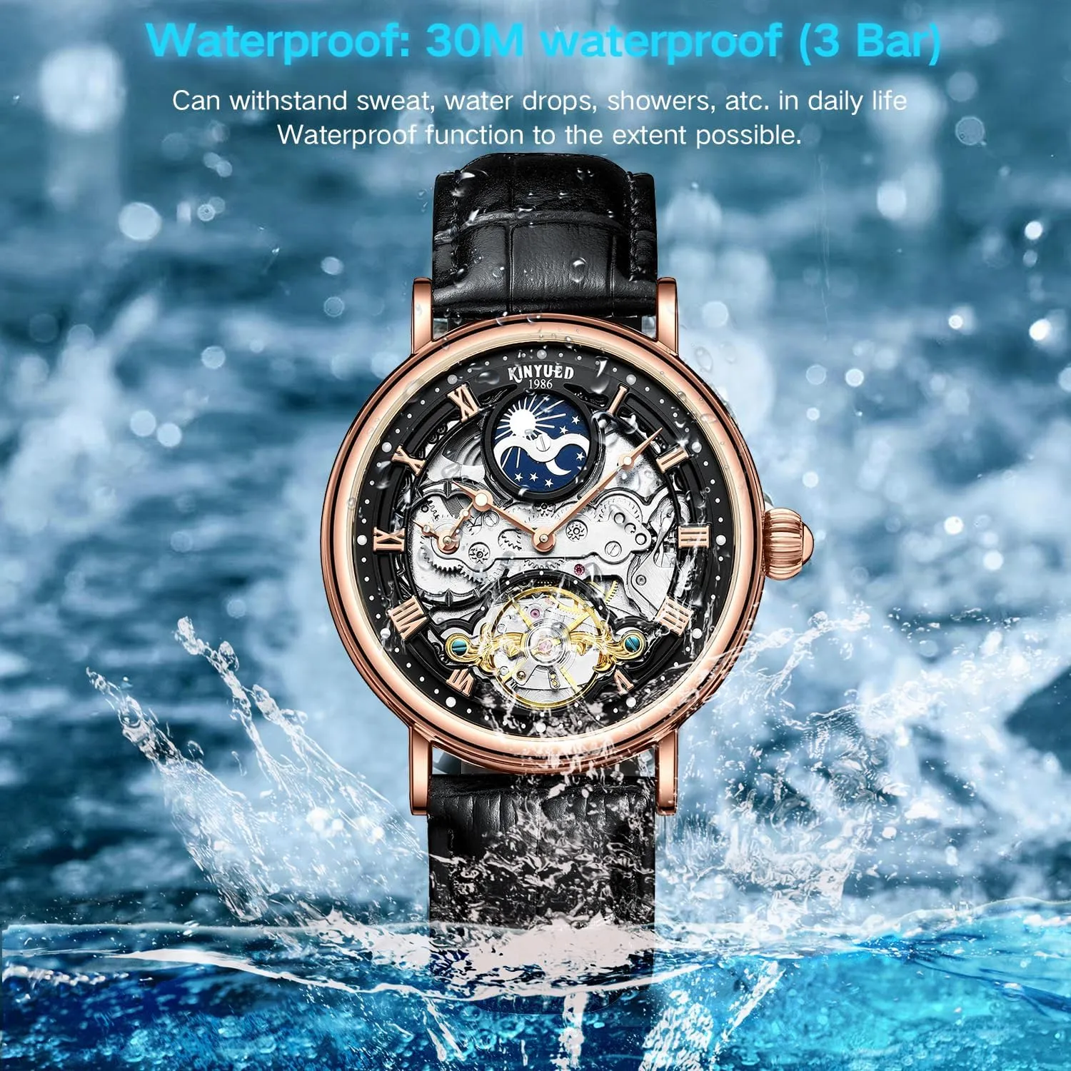 Waterproof Wrist Watch for Men rim meager split rapidly interglacial Gift IK COLOURING Automatic Mechanical Mens Luxury Skeleton Automatic Mechanical Wrist Watches Leather Moon Phrase Luminous Hands Self-Wind Watch,Tourbillon Automatic 