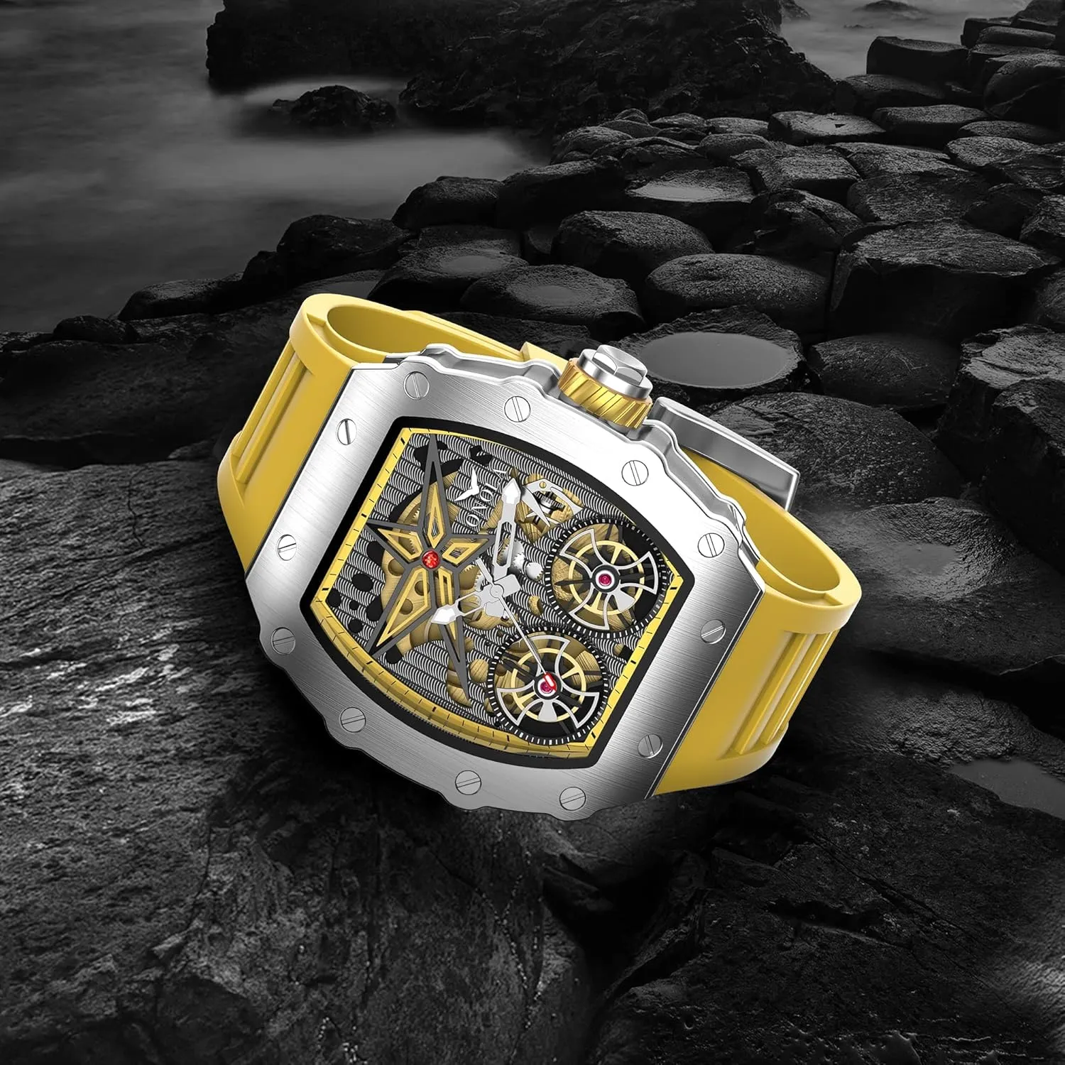 Waterproof Wristwatch Gosasa Luxury Automatic Mechanical Watches for Men Tonneau Shape Hollow Fashion Male antibiotic citizenship Watch Silicone Strap Analog Display 