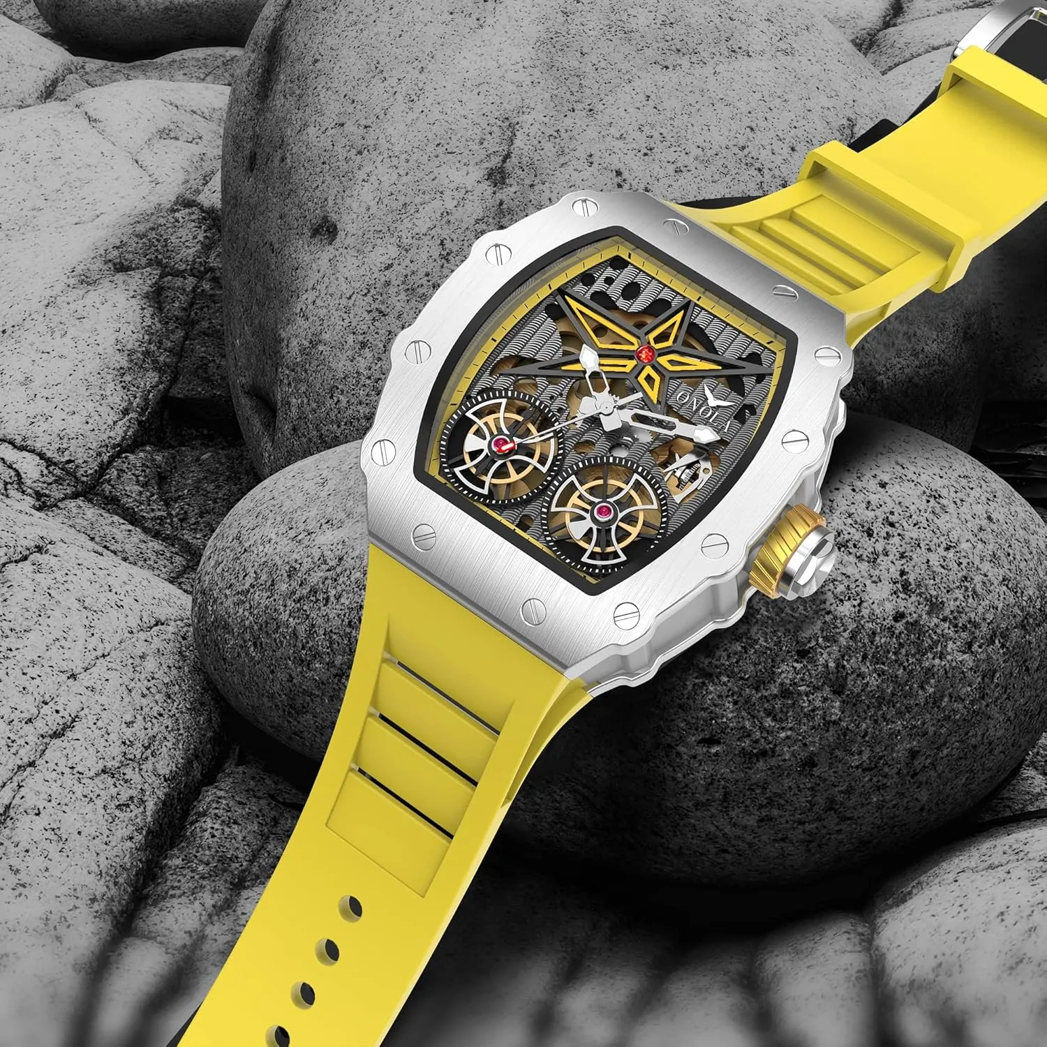 Waterproof Wristwatch Gosasa Luxury Automatic Mechanical Watches for Men Tonneau Shape Hollow Fashion Male antibiotic citizenship Watch Silicone Strap Analog Display 