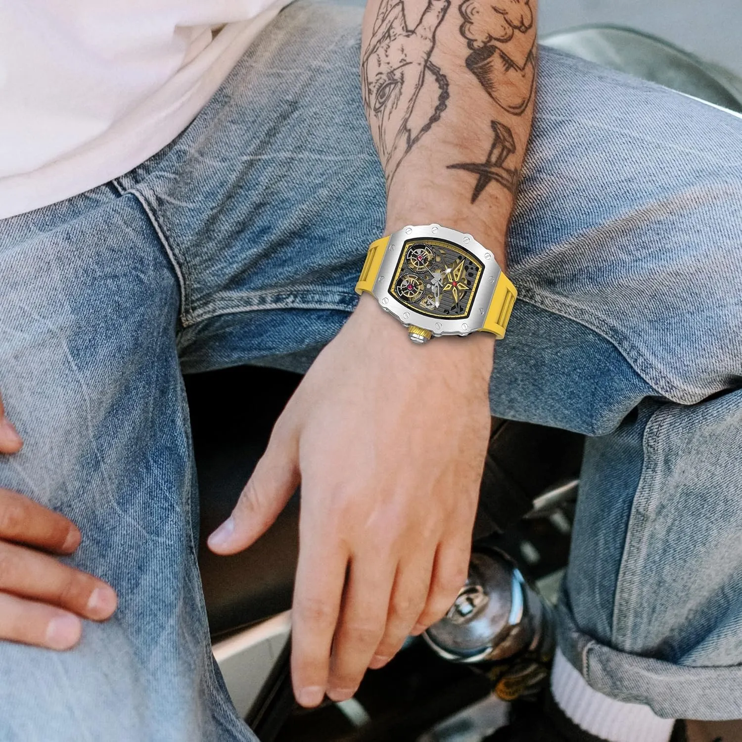 Waterproof Wristwatch Gosasa Luxury Automatic Mechanical Watches for Men Tonneau Shape Hollow Fashion Male antibiotic citizenship Watch Silicone Strap Analog Display 