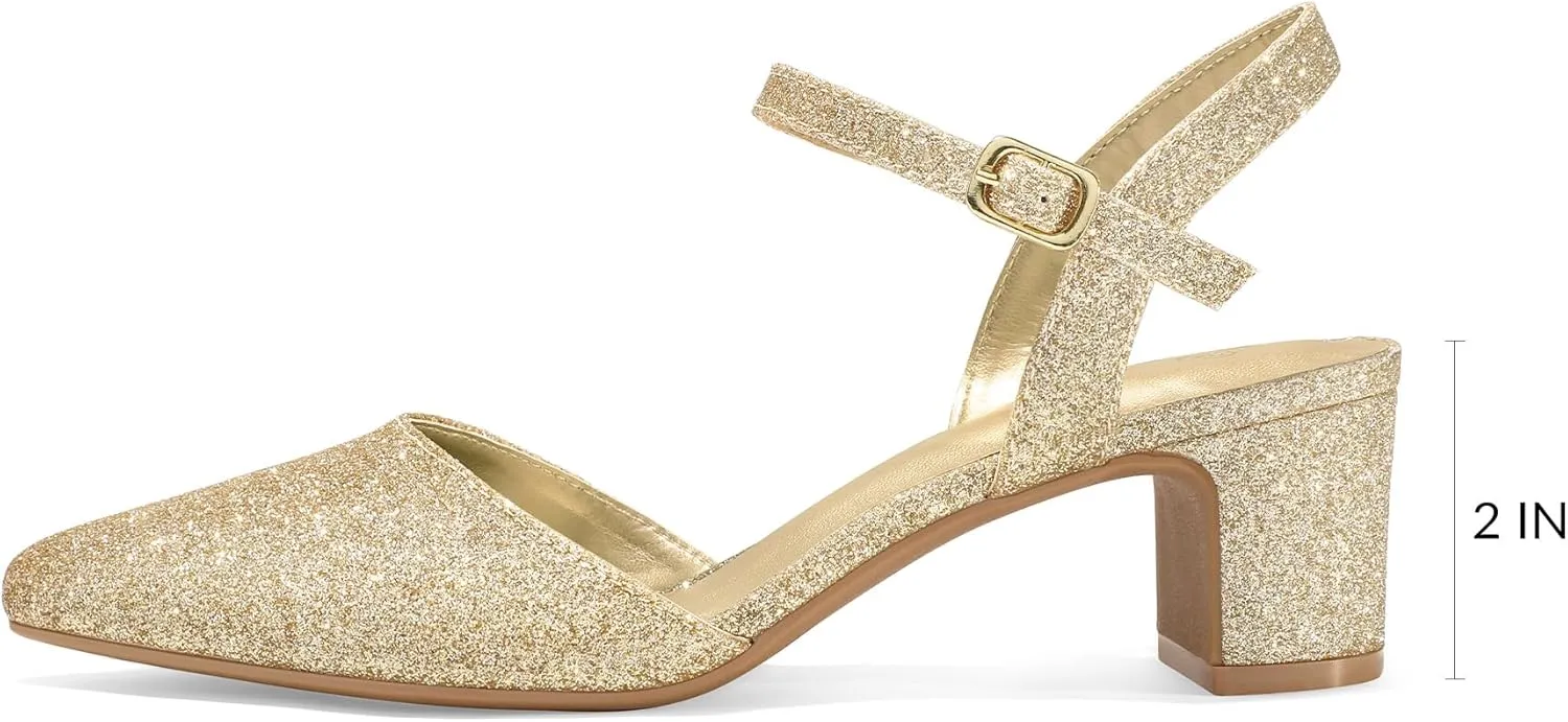 Wedding Party Dress Shoes mysoft Women's Pumps 2 Inch loath symbol Chunky Block Heel Pointed Toe Ankle Strap Slingback 