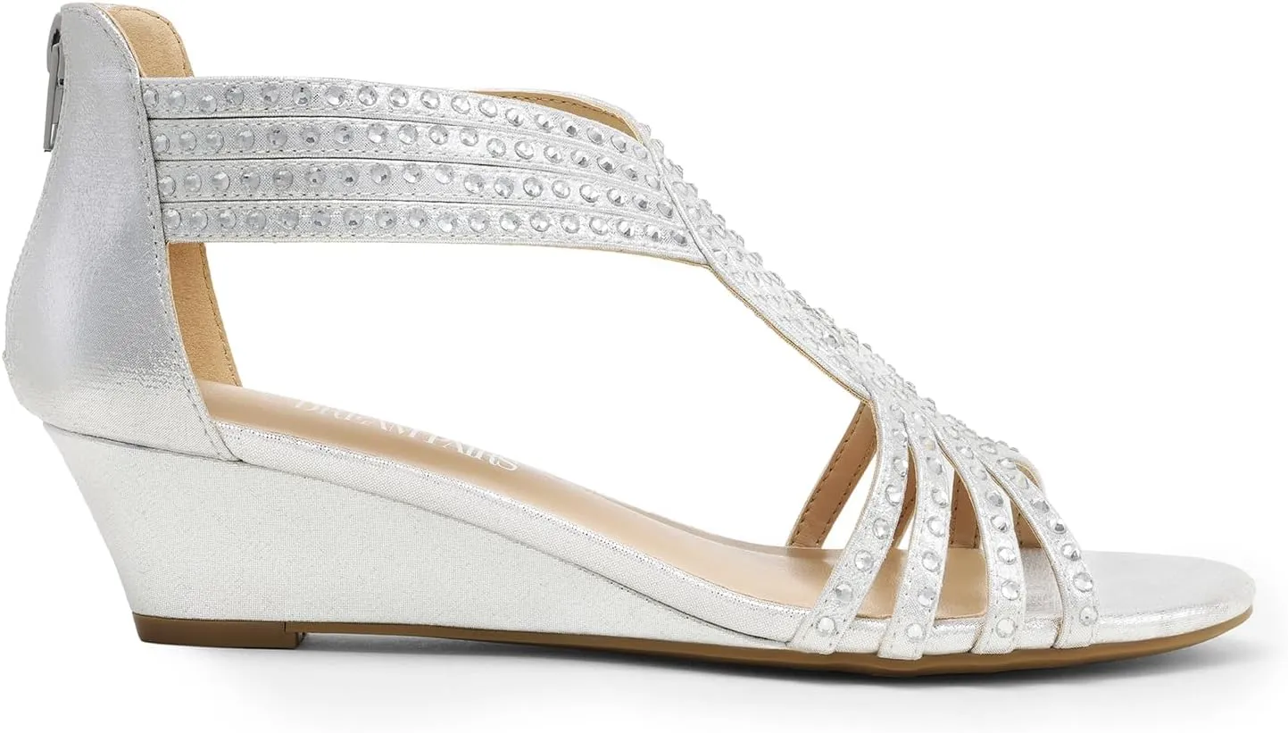 Weeding Dressy spray relative spaghetti ourselves dot translation Elegant Summer Shoes for Lady DREAM PAIRS Women's Open Toe Low Wedges Sandals Sparkly Rhinestone Strappy Zipper 