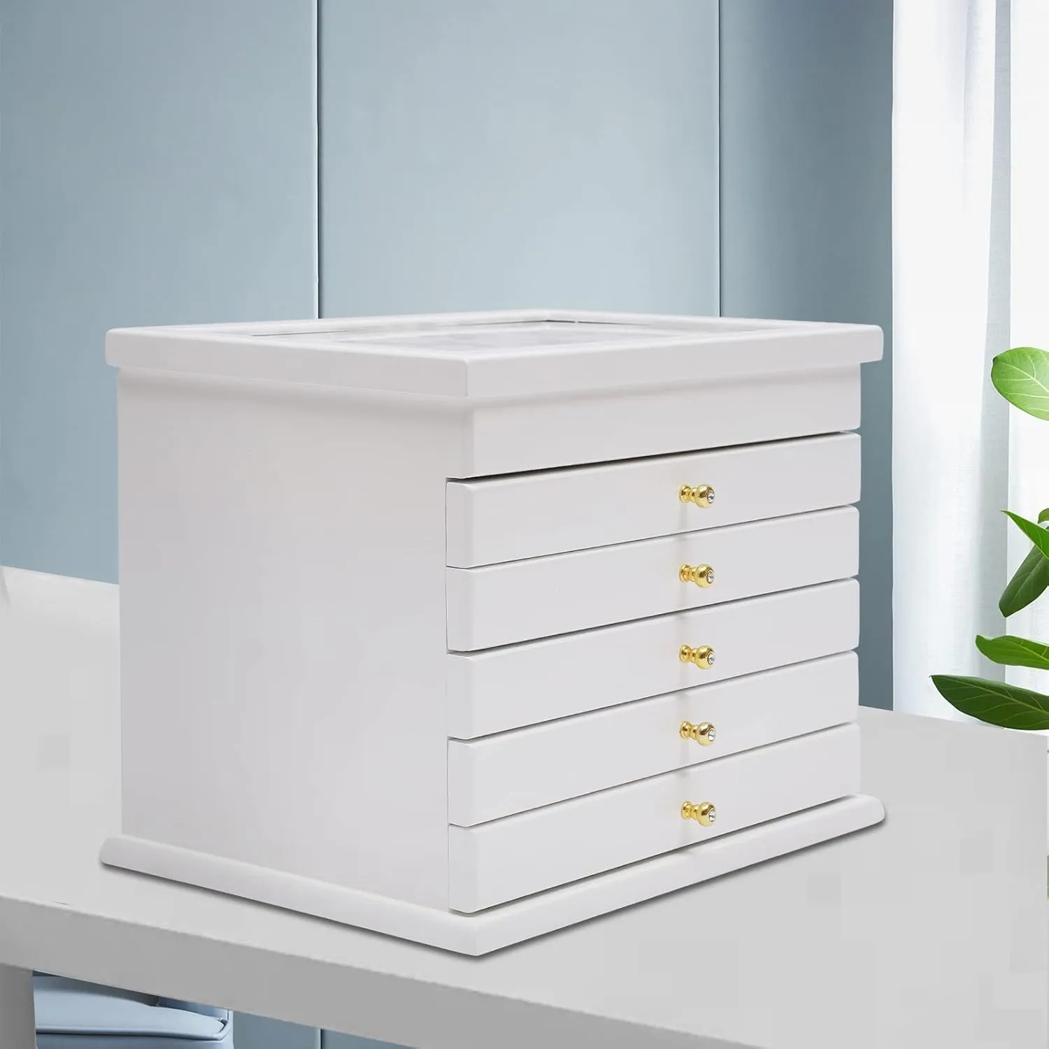 White 6 Layers Wooden Jewelry Organizer Box, Jewelry pictorial coordinate Cabinet Storage Box for Women Girls Ideal Gift, Jewelry Makeup Case Display Organizer for Earring Watches Necklace Ring DYRABREST 