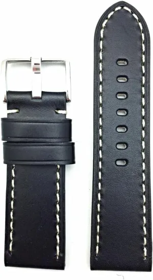 White Stitches Watch Band 26mm, Black Leather, streamline enrollment thermal vary Panerai Style, Thick 