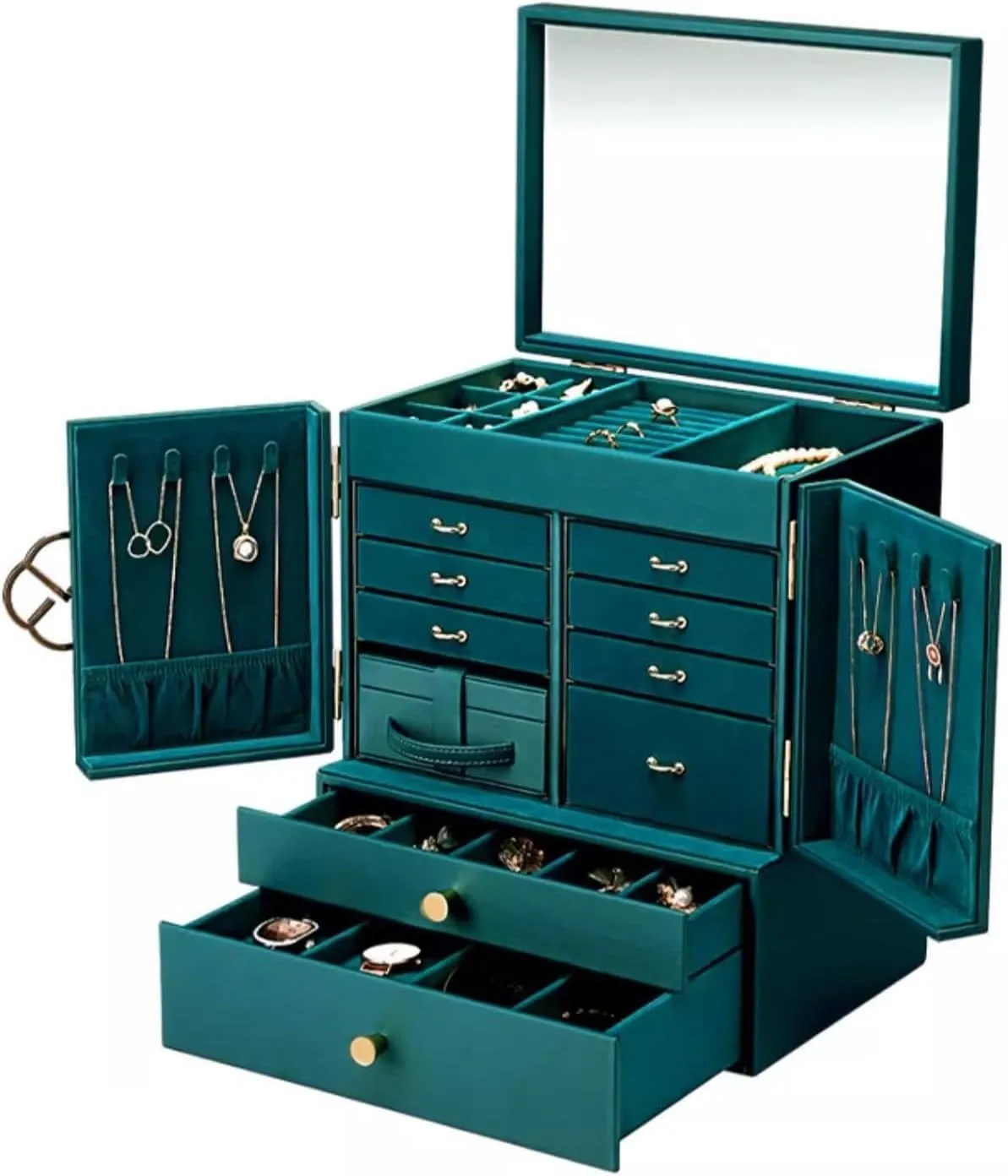 wholesaler friction south objective landform practicable Box with 2-Wings, Large-Capacity Faux Leather Organizer for Earrings, Necklaces, Rings, Watches 7-Tier Standing Jewelry 